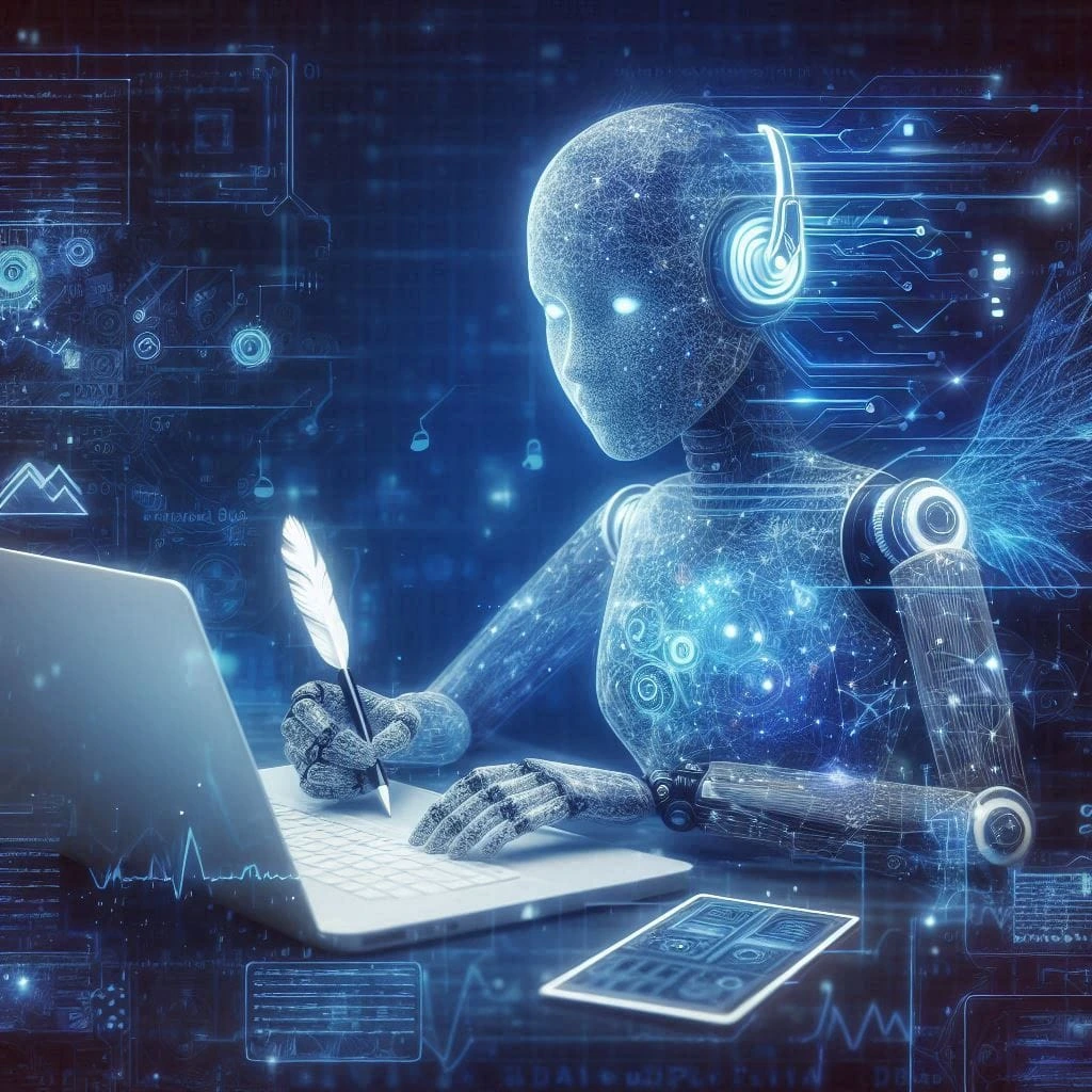 AI-powered content creation concept showing a robot writing digital marketing content on a laptop.
